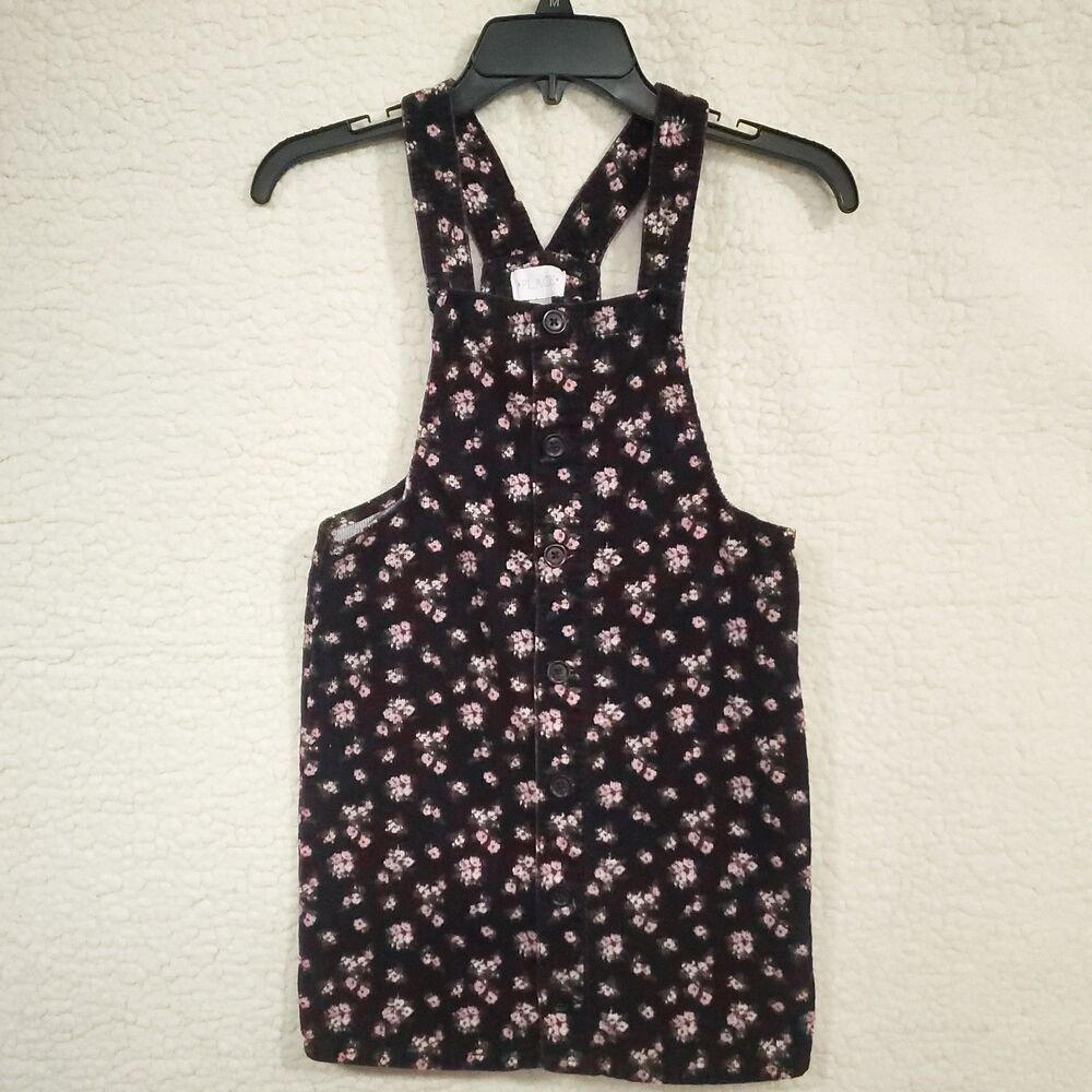 The Children's Place Girls Corduroy Jumper Dress Sz 10 Black Pink Floral Overall
